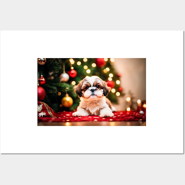 Shih Tzu Puppy by Christmas Tree in Holiday Studio Scene Wall Art by nicecorgi